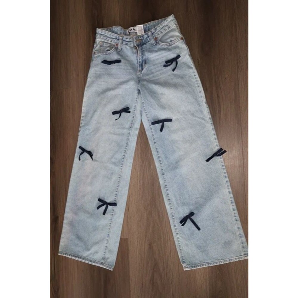 S.O.N.G. Bow Ribbon Light Wash Wide Leg Jeans Sz 1 25 Coquette Y2K